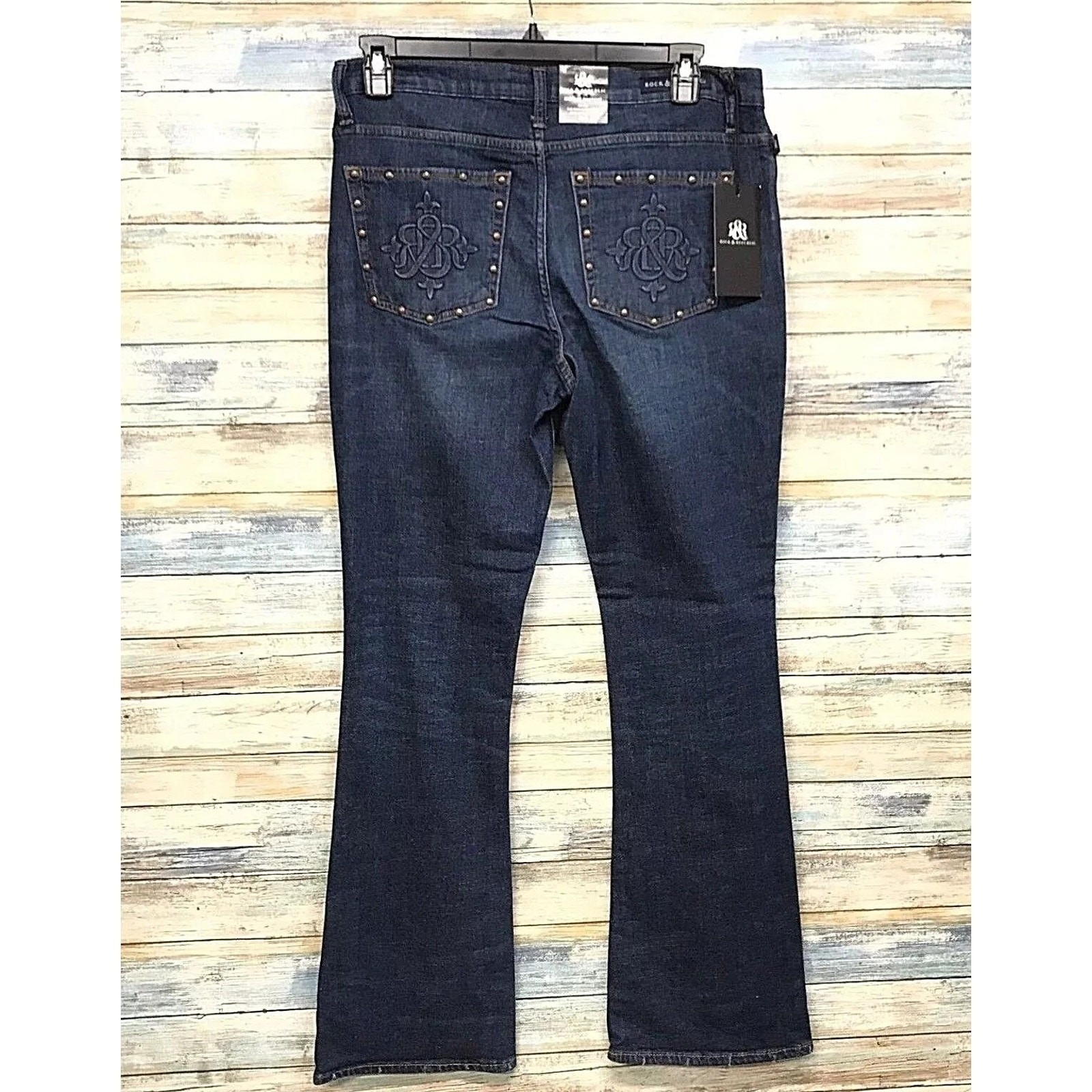 Rock & Republic Womens Mid Rise Bootcut Jeans Dark Wash Studded Pockets Size 10